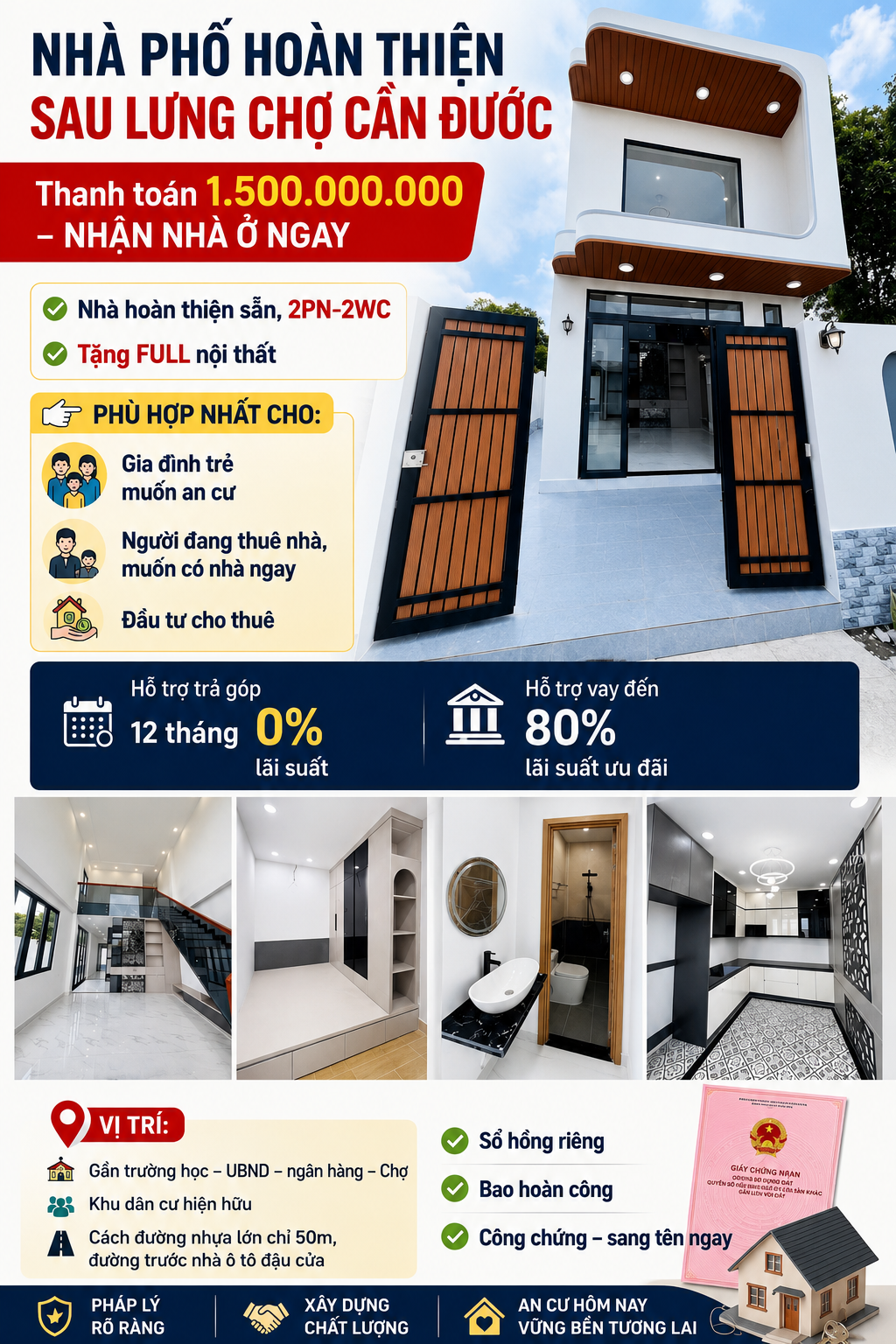 🏡 NHÀ HOÀN THIỆN – DỌN VÀO Ở NGAY
Ngay sau lưng Chợ Cần Đước – khu dân cư hiện hữu đông đúc