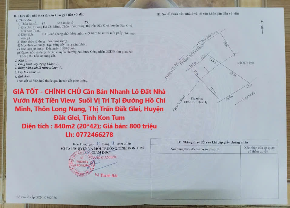 GIÁ TỐT - CHÍNH CHỦ Cần Bán Nhanh Lô Đất Nhà Vườn Mặt Tiền View  Suối Vị Trí Tại Tỉnh Kon Tum