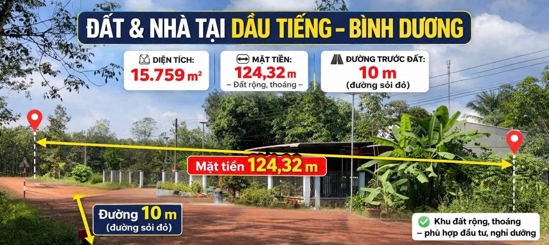 Bán đất & nhà tại Dầu Tiếng, Bình Dương – 15.759m² – mặt tiền 124,32m