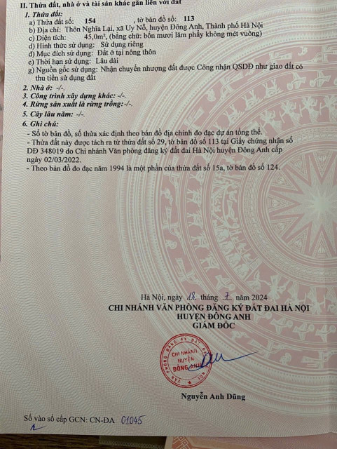 ĐẤT NGHĨA LẠI UY NỖ ĐÔNG ANH dt 45m vừa xinh