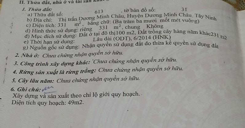 bán đất . DT 331 m2 . thị trấn . dương minh châu . tây ninh