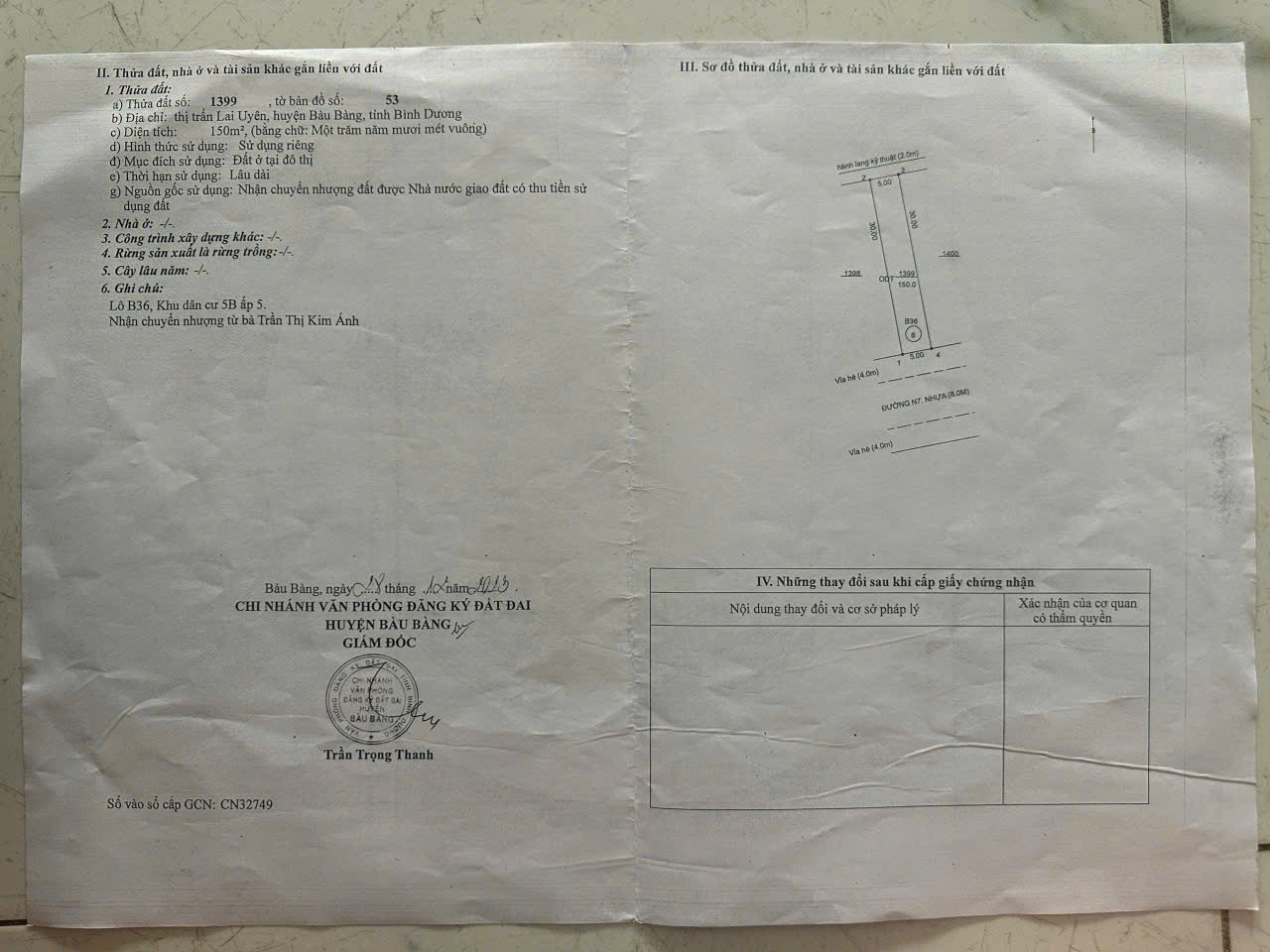 Bán đất 150m² ngang 5m giá 1.38 tỷ tại Thị trấn Lai Uyên Huyện Bàu Bàng