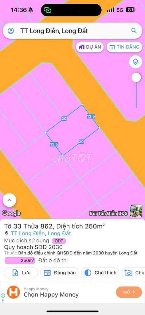 Bán Đất 250m² thổ cư 250m² giá 2.5 tỷ tại Thị trấn Long Điền Bà Rịa - Vũng Tàu