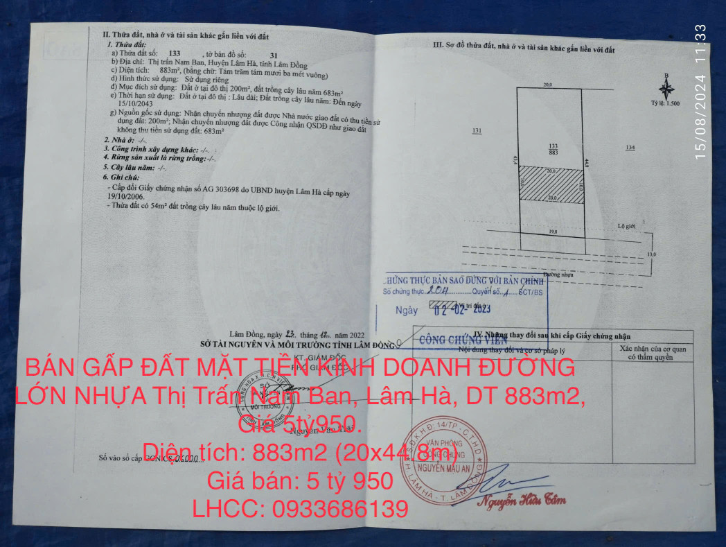 BÁN GẤP ĐẤT MẶT TIỀN KINH DOANH ĐƯỜNG LỚN NHỰA Thị Trấn Nam Ban, Lâm Hà, DT 883m2, Giá 5tỷ950