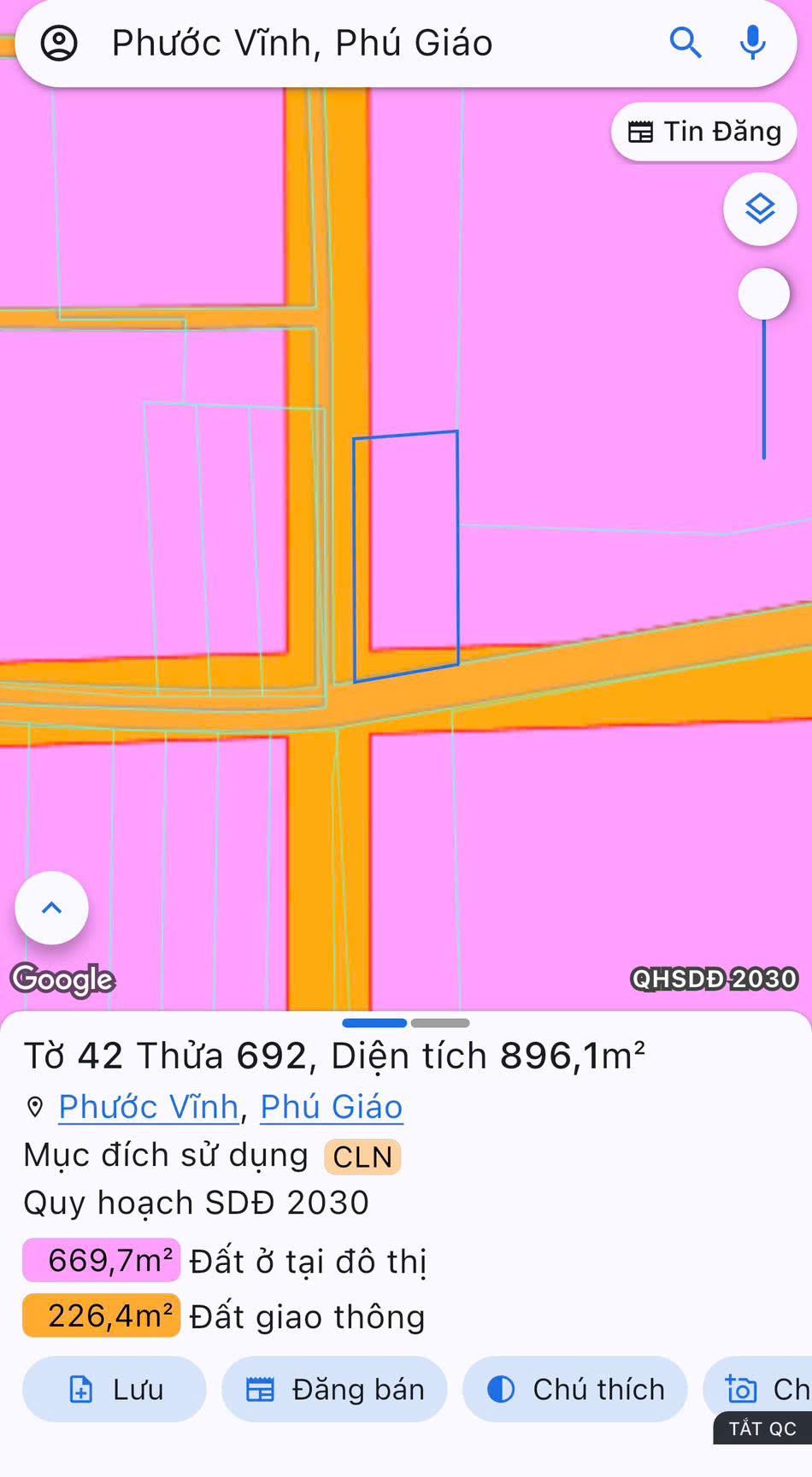 Bán đất 896.1m² có sẵn 100m² thổ cư ngang 19m giá 9.9 tỷ tại Thị trấn Phước Vĩnh Huyện Phú Giáo
