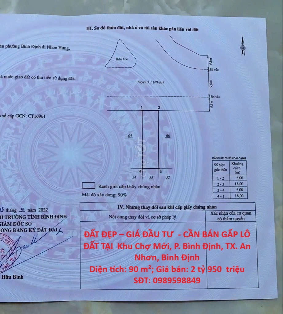 ĐẤT ĐẸP – GIÁ ĐẦU TƯ  - CẦN BÁN GẤP LÔ ĐẤT TẠI  Khu Chợ Mới, P. Bình Định, TX. An Nhơn, Bình Định