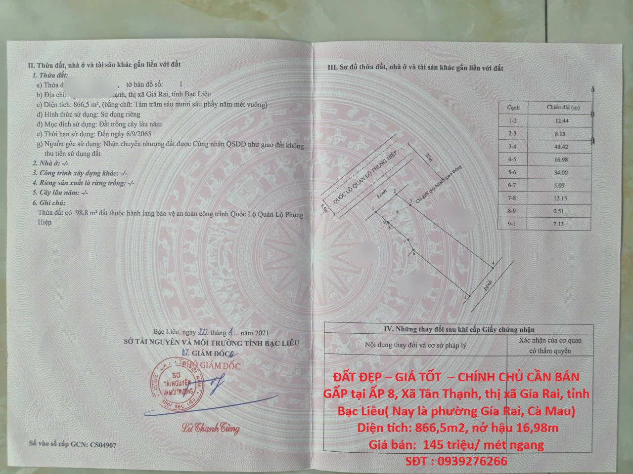 ĐẤT ĐẸP – GIÁ TỐT  – CHÍNH CHỦ CẦN BÁN GẤP tại  Xã Tân Thạnh, thị xã Gía Rai, tỉnh Bạc Liêu