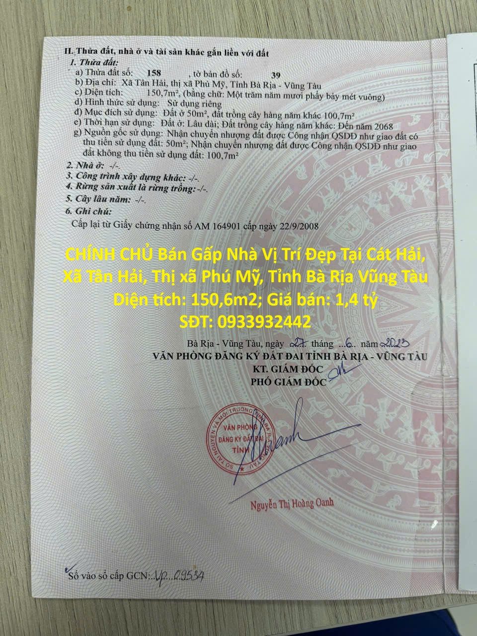 CHÍNH CHỦ Bán Gấp Nhà Vị Trí Đẹp Tại Cát Hải, Xã Tân Hải, Thị xã Phú Mỹ, Tỉnh Bà Rịa Vũng Tàu