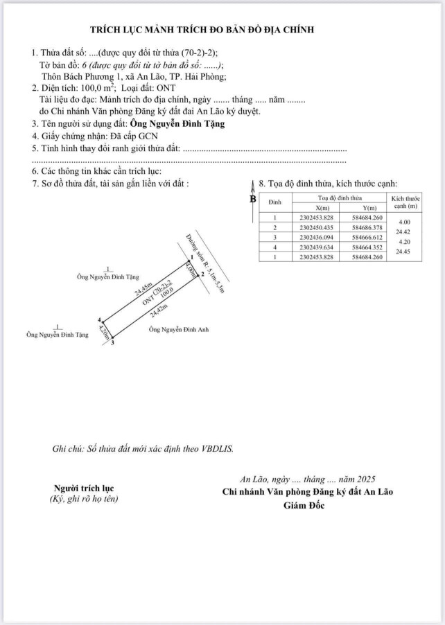 Bán đất 100.5m² ngang 4m đường thôn 5m. giá 1.47 tỷ Xã An Lão. (An Thắng)liên hệ 0362558882