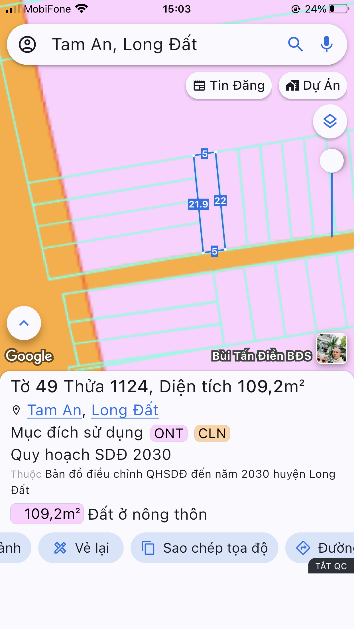 Bán Đất 109m² thổ cư 80m² giá 1.15 tỷ tại Xã An Ngãi Huyện Long Điền Bà Rịa - Vũng Tàu