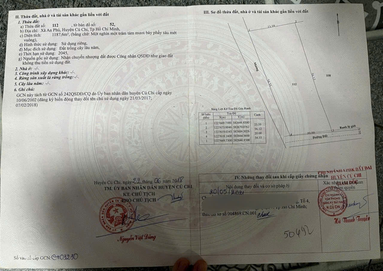 (L677) Đất 1/ Tỉnh Lộ 15, xã An Phú, dt 1.187m2, đất ONT, giá 2 tỷ 500