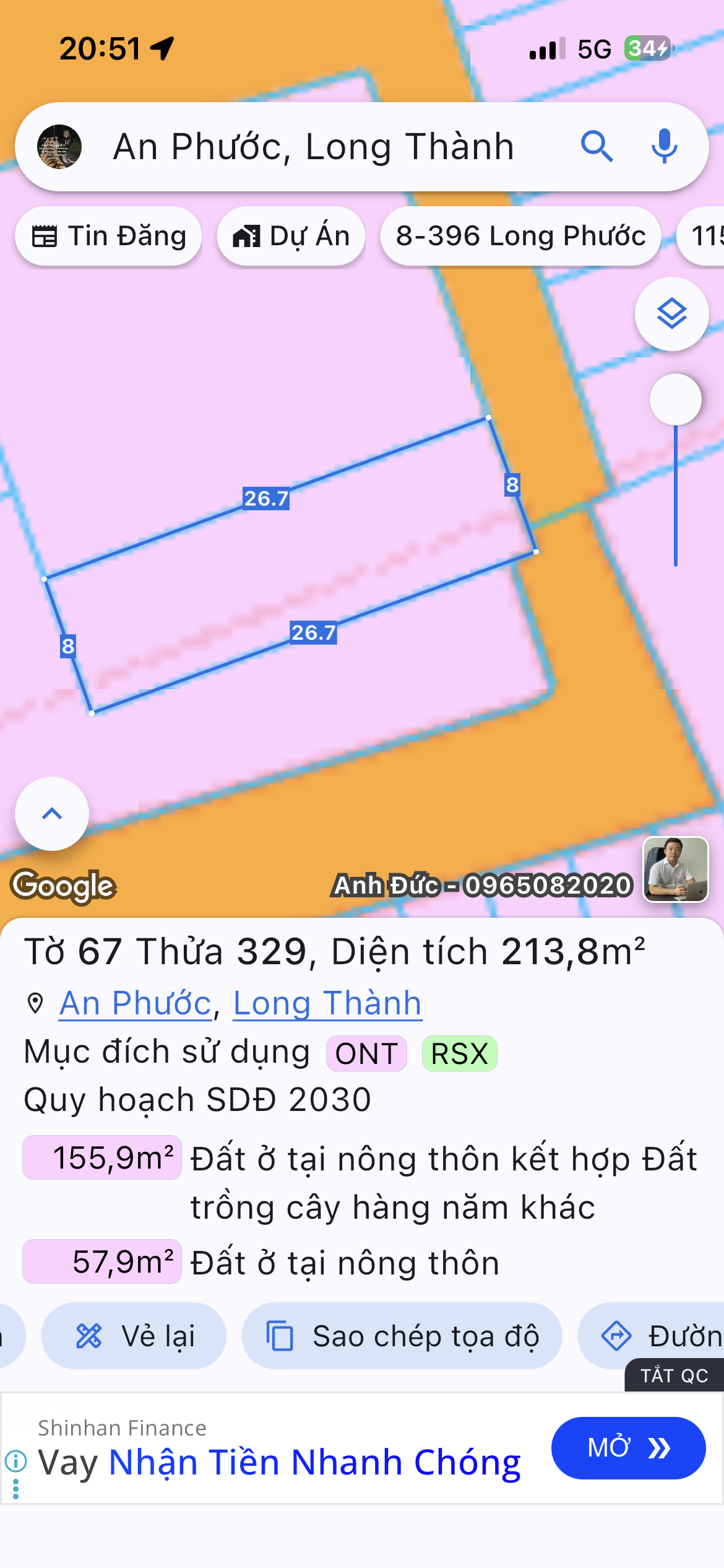 Bán đất 213.8m² có sẵn 160m² thổ cư ngang 8m giá 9.99 tỷ tại Xã An Phước