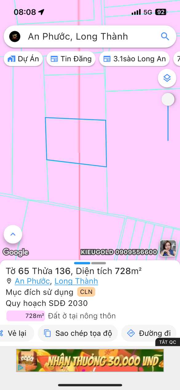 Bán đất 728.2m² ngang 24m giá 2.2 tỷ Xã An Phước