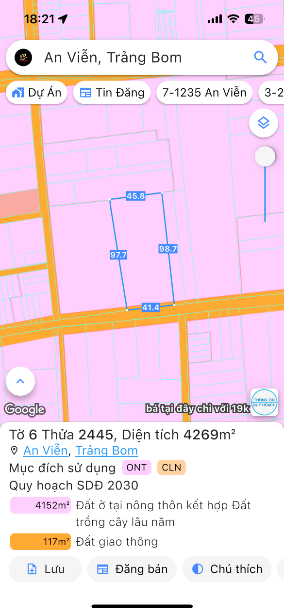 Bán đất 4269m² ngang 41m giá 25.6 tỷ tại Xã An Viễn Huyện Trảng Bom