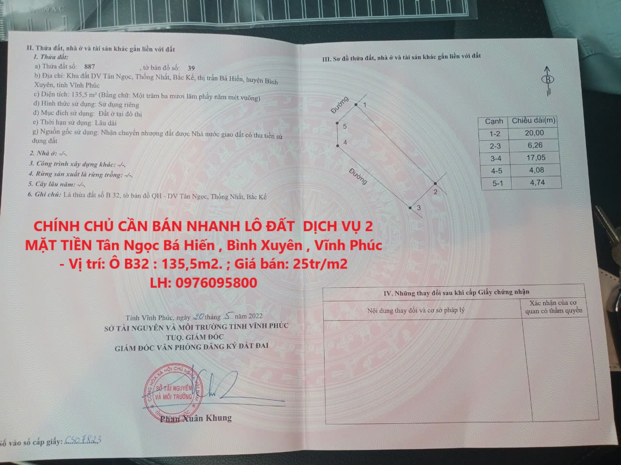 CHÍNH CHỦ CẦN BÁN NHANH LÔ ĐẤT  DỊCH VỤ 2 MẶT TIỀN Tân Ngọc Bá Hiến , Bình Xuyên , Vĩnh Phúc