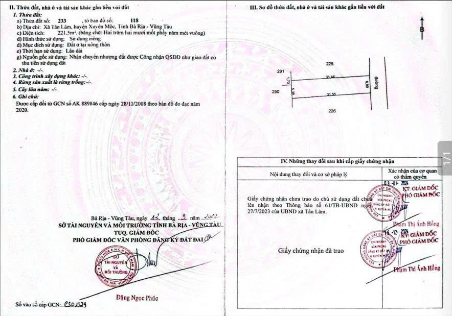 Bán đất 221m² ngang 7m giá 1.33 tỷ Xã Bàu Lâm