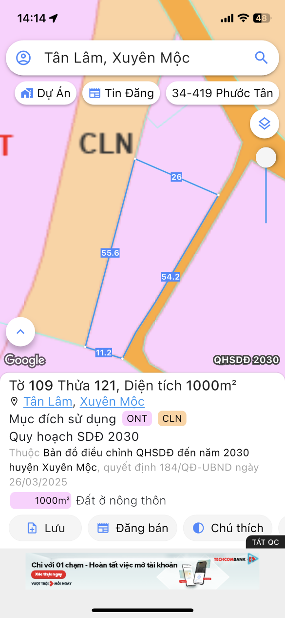 Bán đất 1.000,2m² ngang 54m giá 1.2 tỷ Xã Bàu Lâm