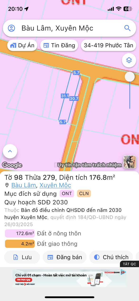 Bán đất 176.8m² ngang 5.7m giá 970 triệu Xã Bàu Lâm