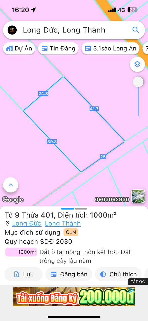 Bán đất 999.8m² ngang 25m giá 4 tỷ Xã Bình An