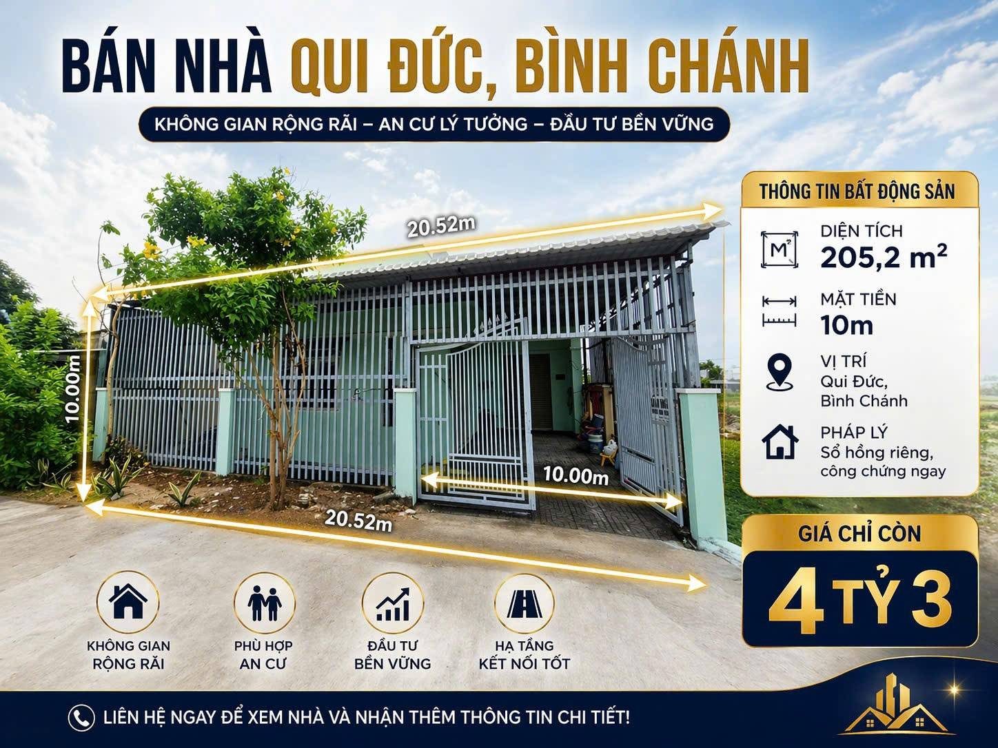 Bán nhà Qui Đức, Bình Chánh – 205,2m² – mặt tiền 10m – giá 4,5 tỷ
