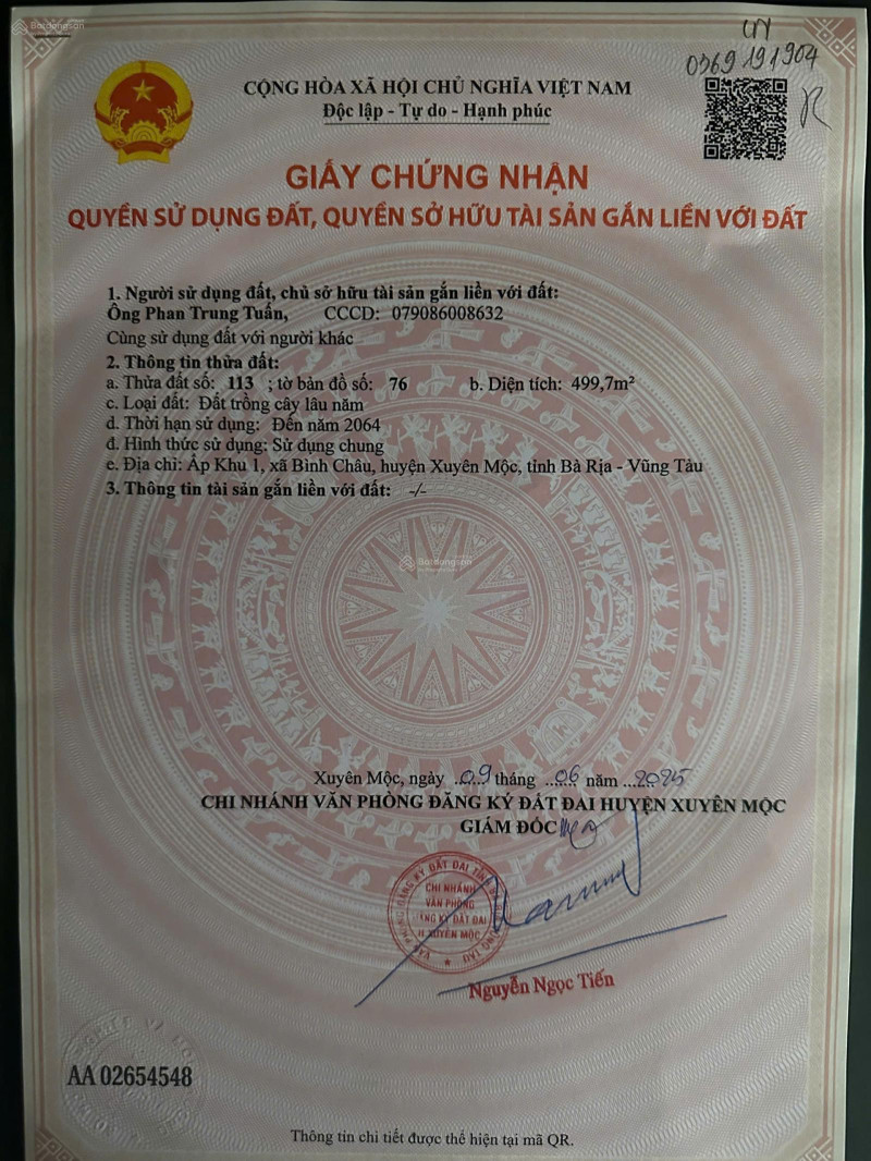 Bán đất 499,7m² ngang 21m giá 1.5 tỷ Xã Bình Châu