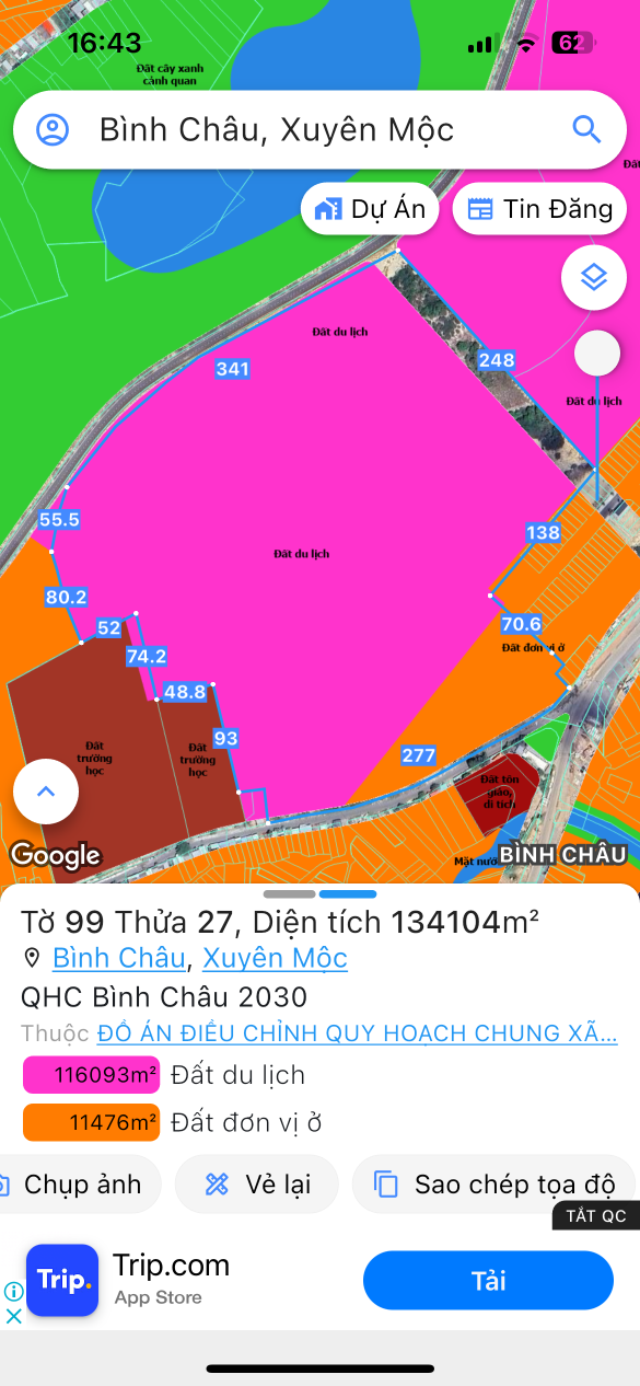 Bán đất TMD:134104m² 100 tỷ tại Xã Bình Châu Huyện Xuyên Mộc
