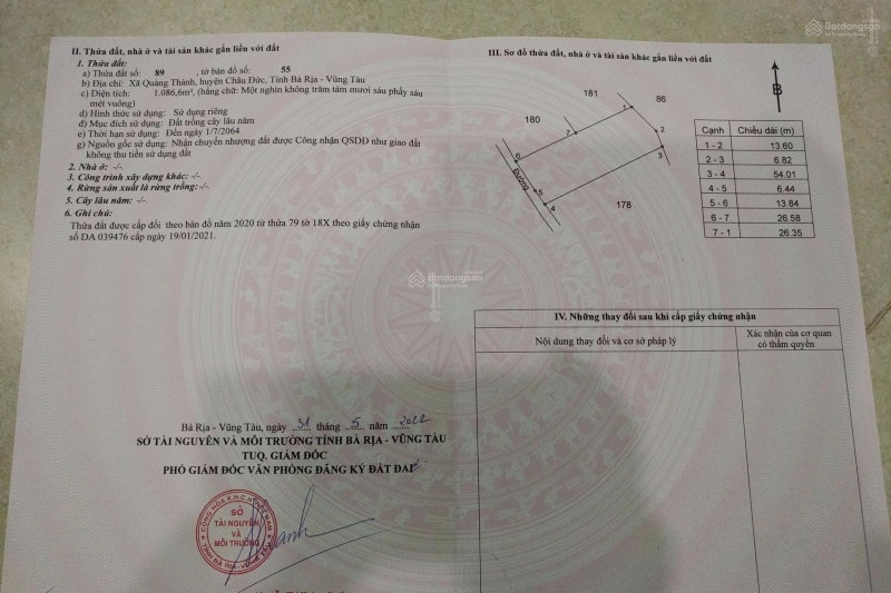 Bán đất 1086,6m² ngang 20m giá 560 triệu Xã Bình Giã Liên hệ chính chủ: 0901.370.396