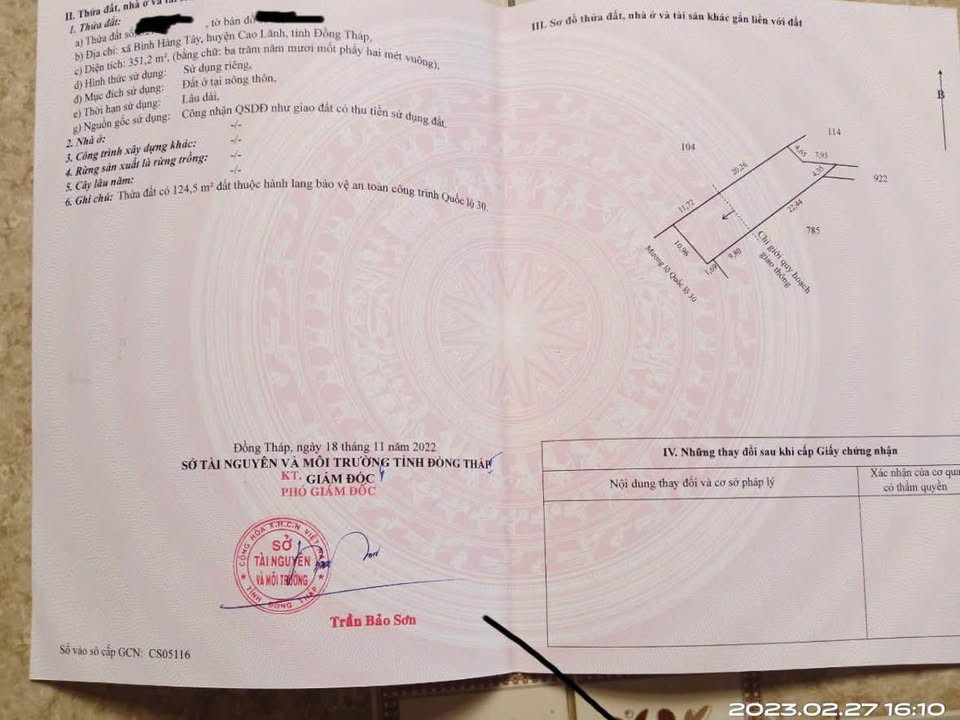 Bán nền mặt tiền QL30 Xã Bình Hàng Tây ( cũ )