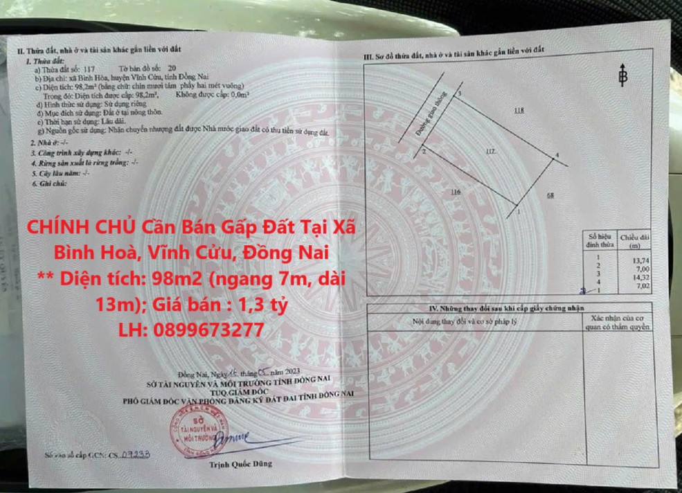 CHÍNH CHỦ Cần Bán Gấp Đất Tại Xã Bình Hoà, Vĩnh Cửu, Đồng Nai