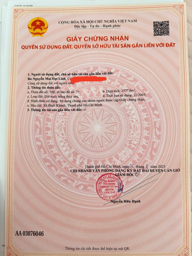 Bán đất 3577m² giá 5.5 tỷ Xã Bình Khánh