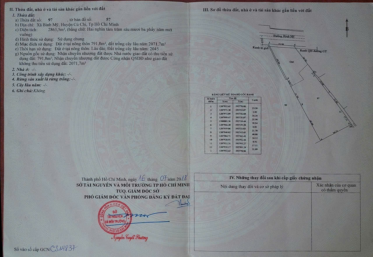 (B534) Đất mặt tiền Bình Mỹ, xã Bình Mỹ, dt 2.863m2, thổ cư 791m2, giá 12,5tr/m2