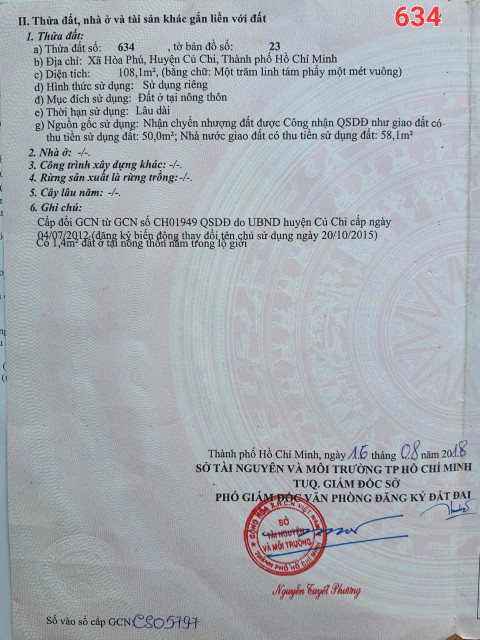 (S717) Bán nhà 1/ ngắn Huỳnh Minh Mương, dt 108m2, đất ở hiện hữu, giá 2 tỷ 500 thương lượng