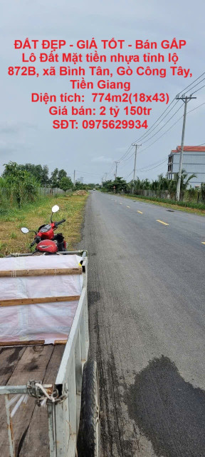 ĐẤT ĐẸP - GIÁ TỐT - Bán GẤP Lô Đất Mặt tiền nhựa tỉnh lộ 872B, xã Bình Tân, Gò Công Tây, Tiền Giang