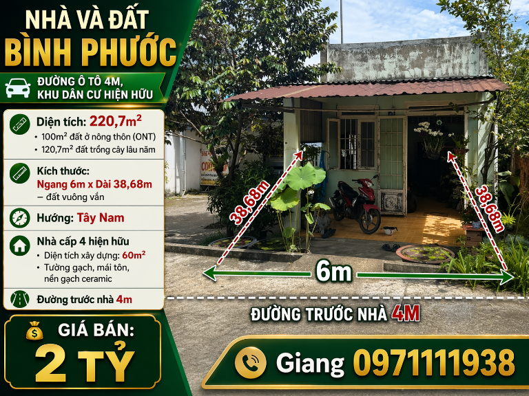 Bán nhà đất đẹp Bình Phước – khu dân cư hiện hữu, hướng Tây Nam, giá tốt