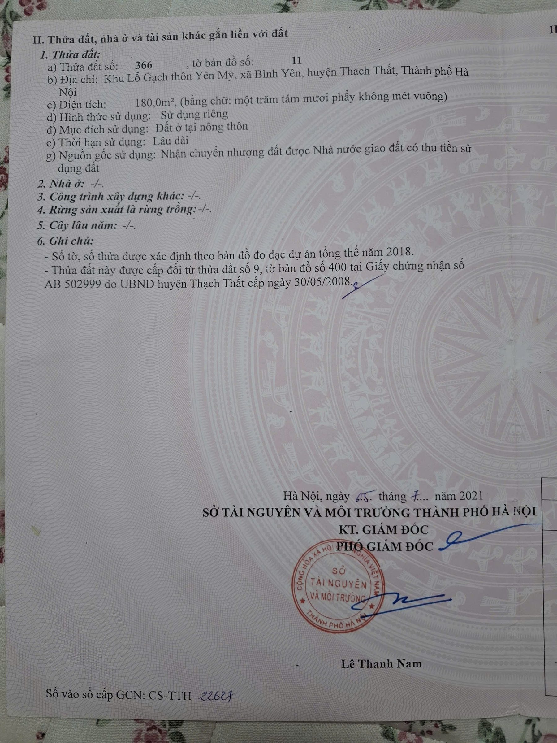 Chính chủ bán lô góc đẹp hai mặt đường Khu Lỗ Gạch, thôn Yên Mỹ xã Bình Yên, Thạch Thất (nay là xã Hạ Bằng), TP. Hà Nội.