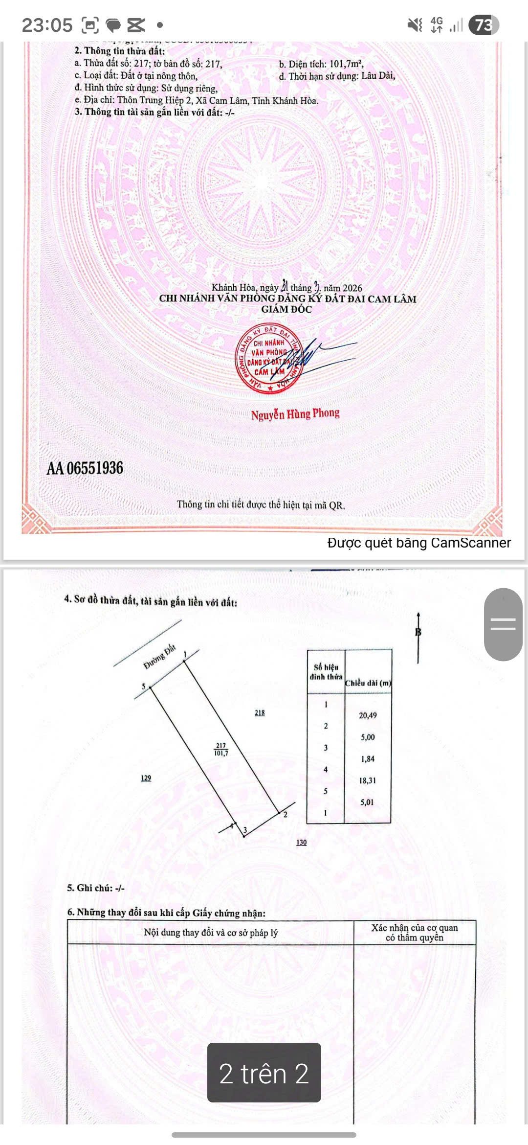 Bán đất 204.9m² có sẵn 204m² thổ cư ngang 10m giá 2.6 tỷ tại Xã Cam Hiệp
