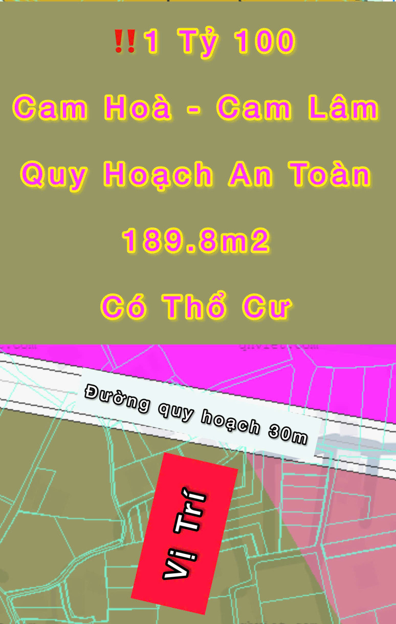 Chỉ 1 Tỷ 1. Quy Hoạch An Toàn. Cam Hoà - Cam Lâm