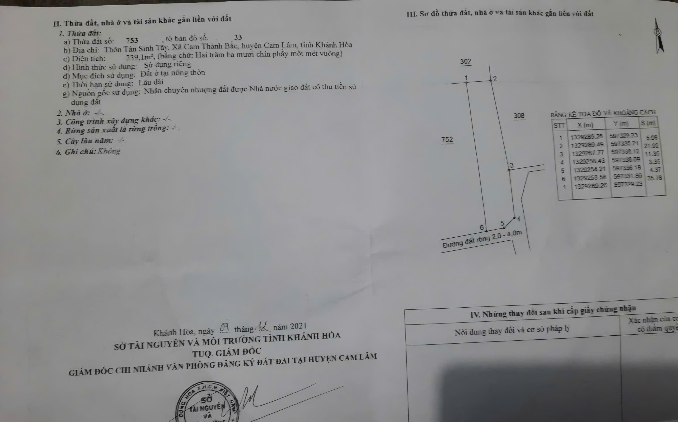 Bán đất 239.1m² full thổ cư ngang 6m giá 900 triệu tại Xã Cam Lâm
