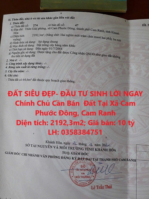 ĐẤT SIÊU ĐẸP- ĐẦU TƯ SINH LỜI NGAY Chính Chủ Cần Bán  Đất Tại Xã Cam Phước Đông, Cam Ranh