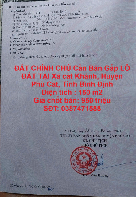 ĐẤT CHÍNH CHỦ Cần Bán Gấp LÔ ĐẤT TẠI Xã cát Khánh, Huyện Phù Cát, Tỉnh Bình Định