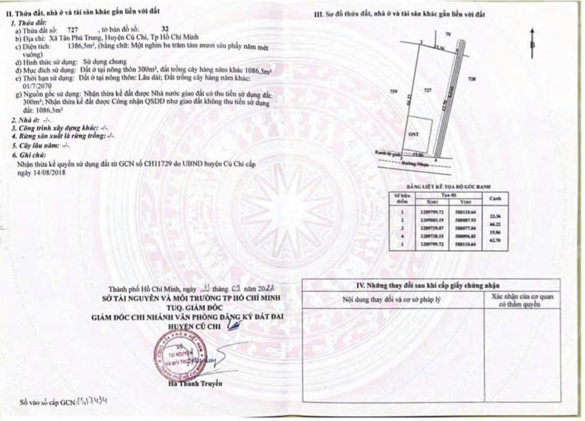 (B515) Đất 1/ Giồng Cát, xã Tân Phú Trung, dt 1.386m2, thổ cư 300m2, giá 8tr/m2 TL