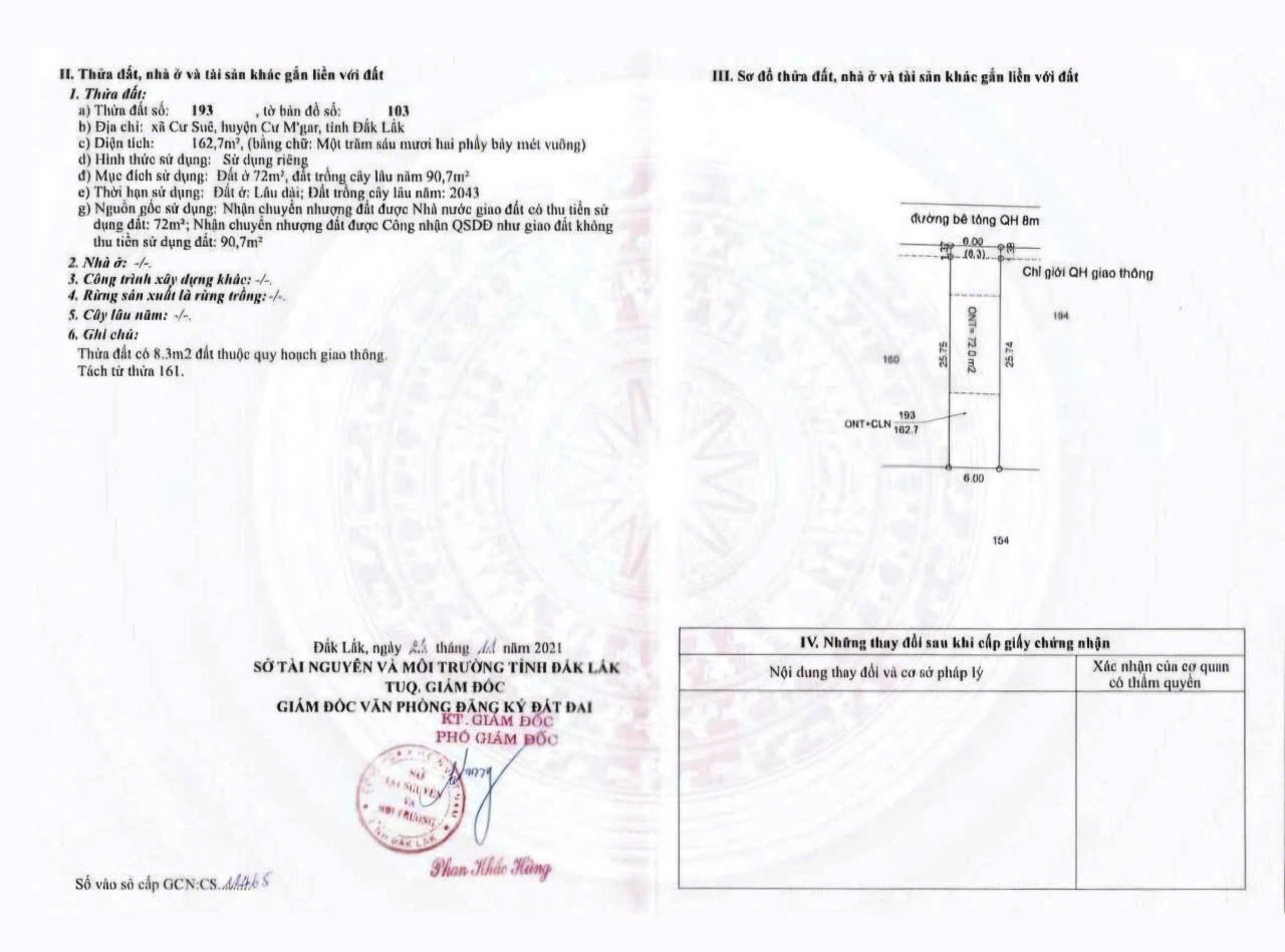 Bán đất 162.7m² 1.45 tỷ tại Xã Cư Suê Huyện Cư M'gar