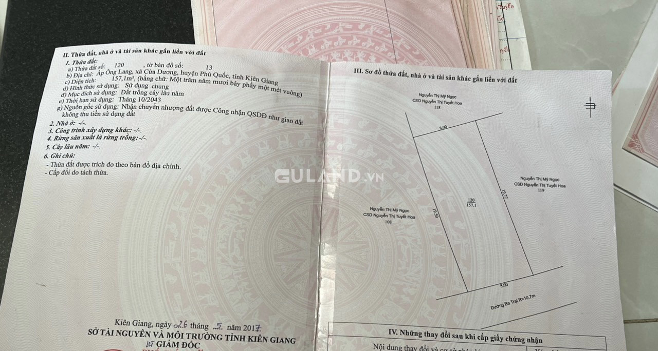 Bán đất mặt tiền ba trại , xã cửa dương , tp phú quốc