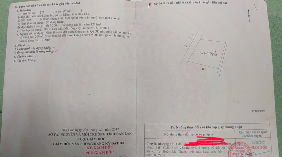 Bán đất 1640m² 1.89 tỷ tại Xã Cuor Đăng Huyện Cư M'gar