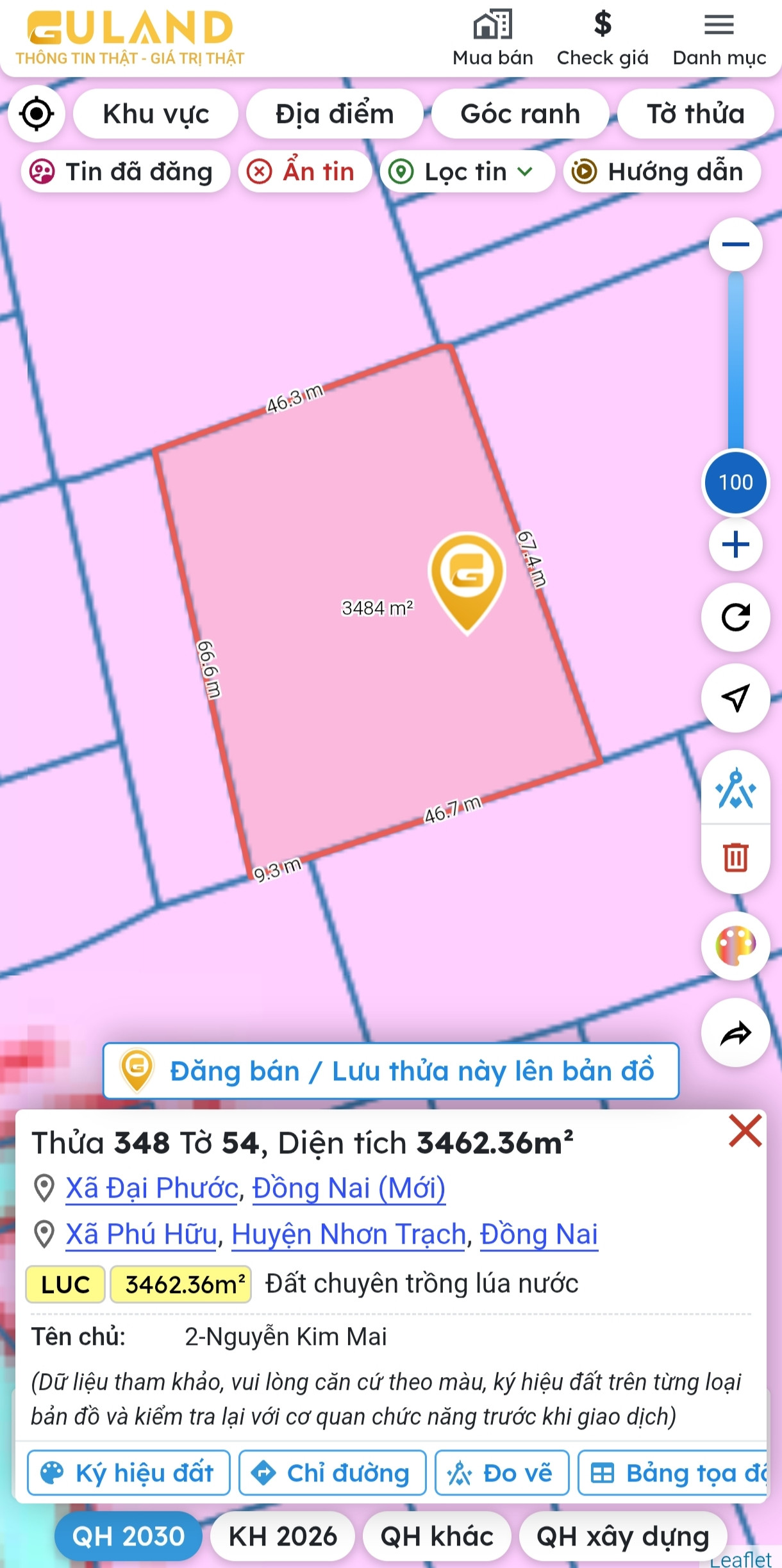 Bán gấp đất xã Phú Hữu Nhơn Trạch cũ dt đất 3462.4m² ngang 45m giá 10 tỷ Xã Đại Phước mới