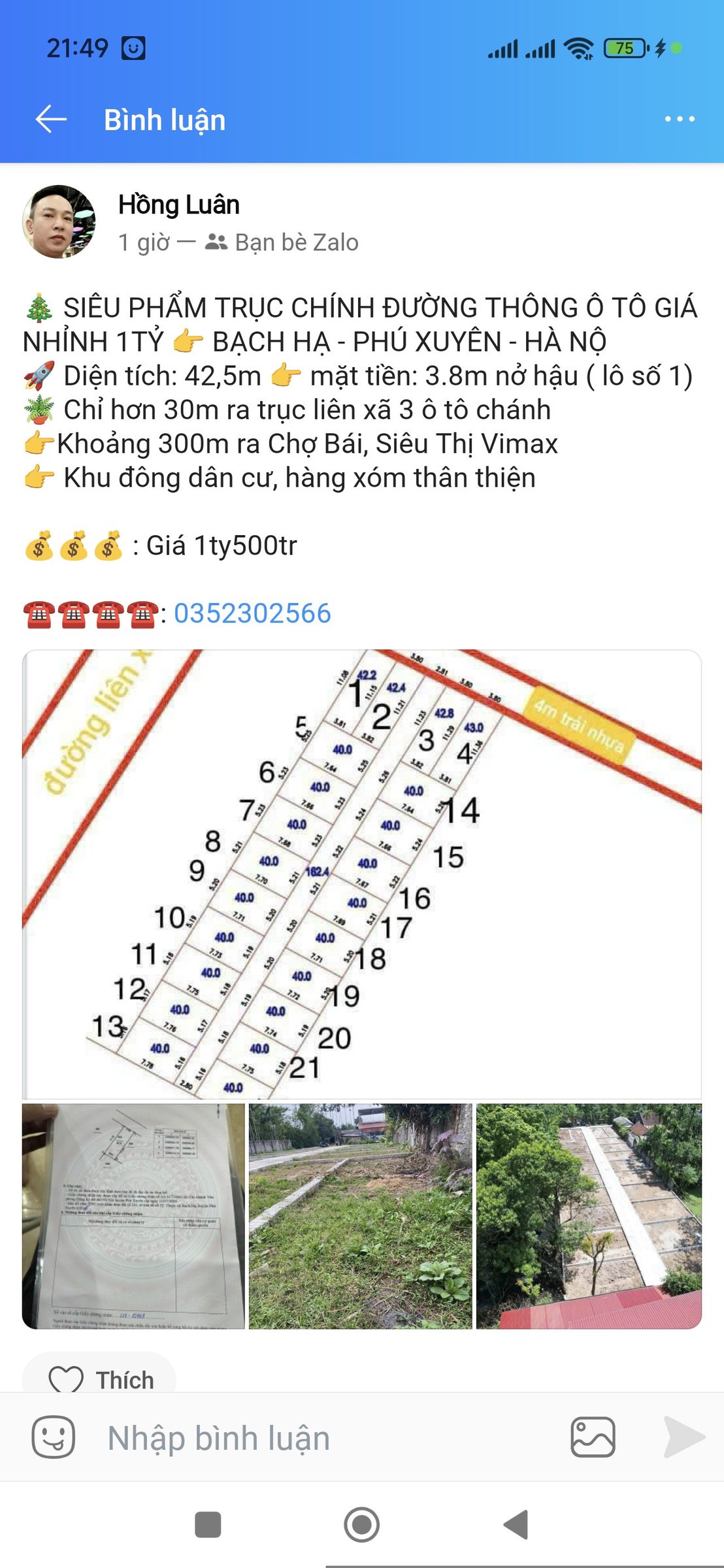 Bán Đất 42m² thổ cư 42m² giá 1.5 tỷ tại Xã Đại Xuyên Hà Nội