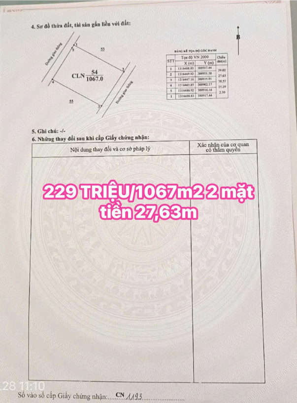 229TR/1067m2 2 mặt tiền rất đẹp SHR mỗi mặt tiền 27m