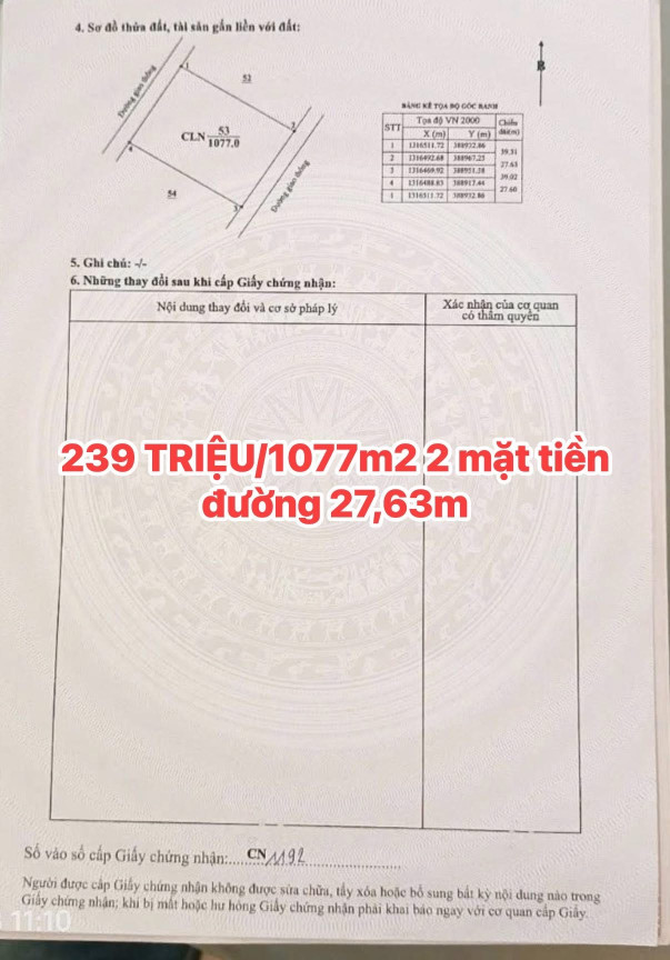 239TRiệu/1077m2 2 mặt tiền 27,6m đất đẹp 0919830239