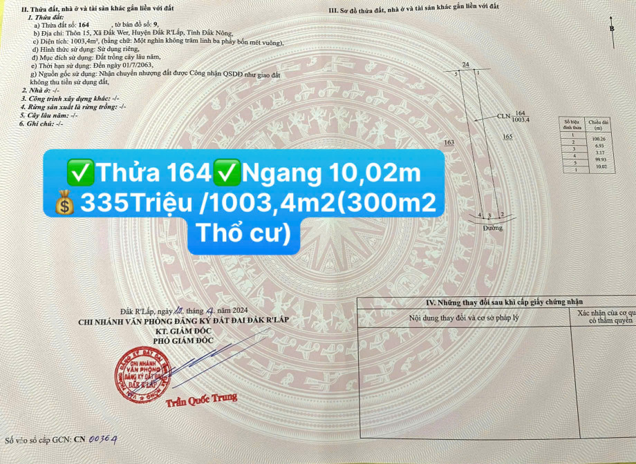 GIÁ TỐT 335TRIỆU/1003,4m2(có 300m2 thổ cư) )☎️0938.60.9098 Ms.Trọng