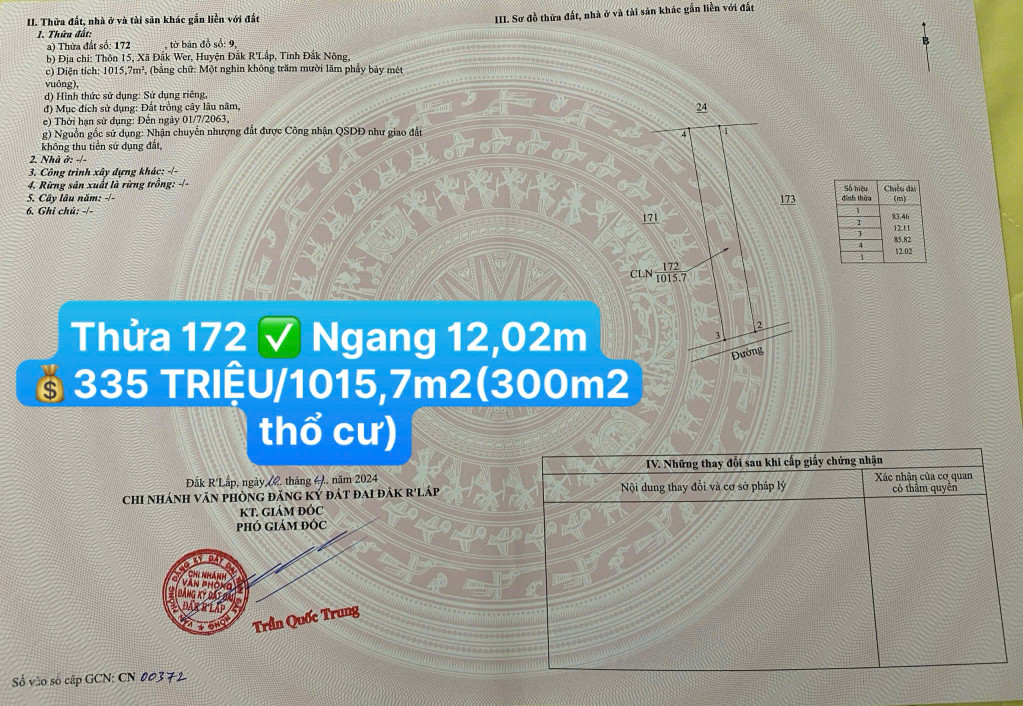 Đầu tư đất Lâm Đồng mới 💰335TRIỆU/1015,7m2(có 300m2 thổ cư) )☎️0938.60.9098 Ms.Trọng